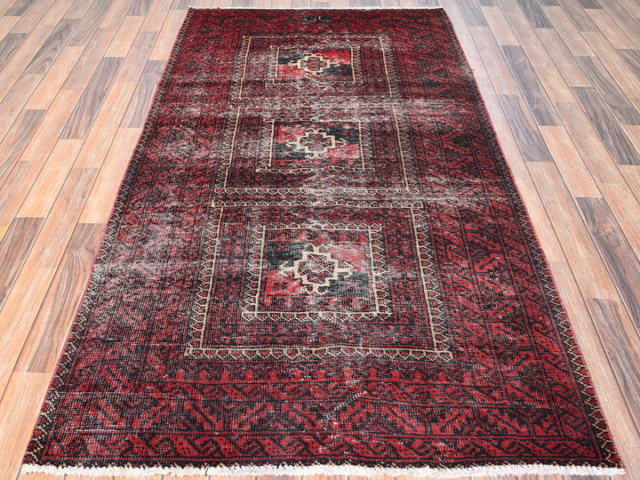 4'1" x 7'1" Vintage Hand Knotted Red Wool Rectangle Oriental Rug - MOA1021535