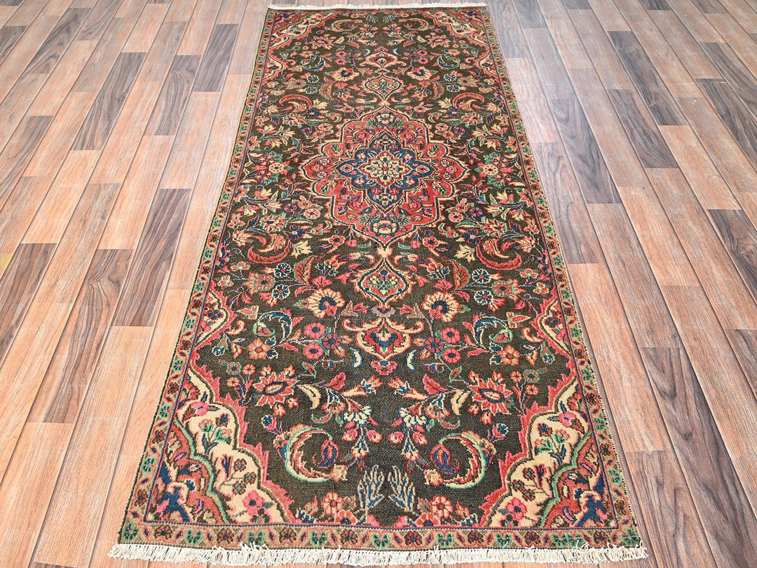 2'9" x 6'9" Vintage Hand Knotted Brown Wool Runner Oriental Rug - MOA1021540