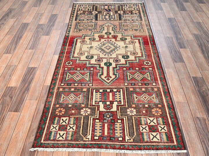 3'1" x 6'7" Vintage Hand Knotted Red Wool Runner Oriental Rug - MOA1021546