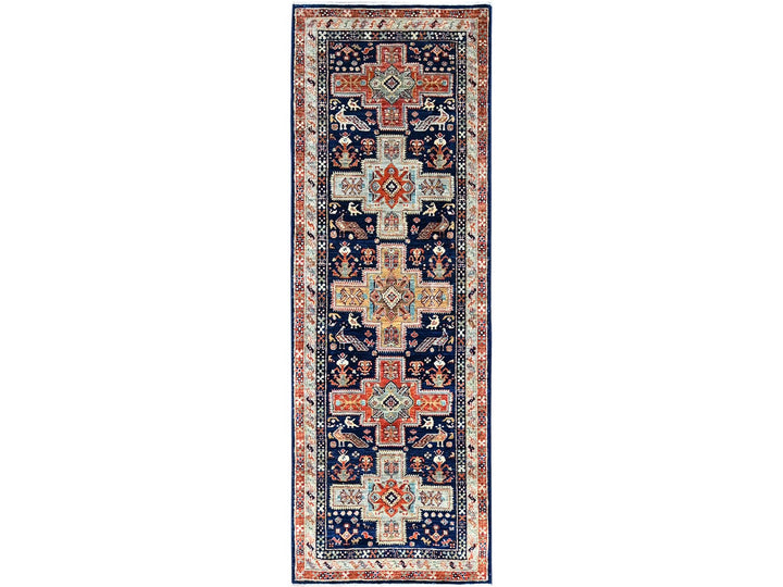 2'7" x 7'9" New Hand Knotted Blue Wool Runner Oriental Rug - MOA102154