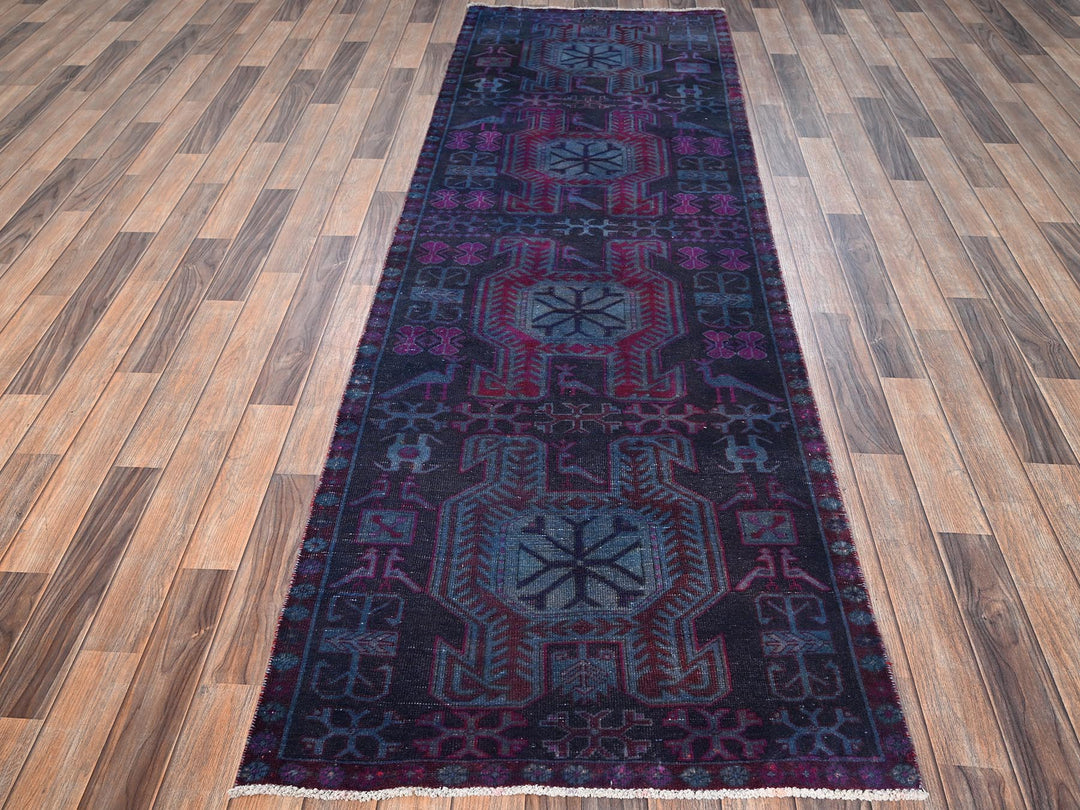 2'11" x 9'2" Vintage Hand Knotted Overdyed Wool Runner Oriental Rug - MOA1021550