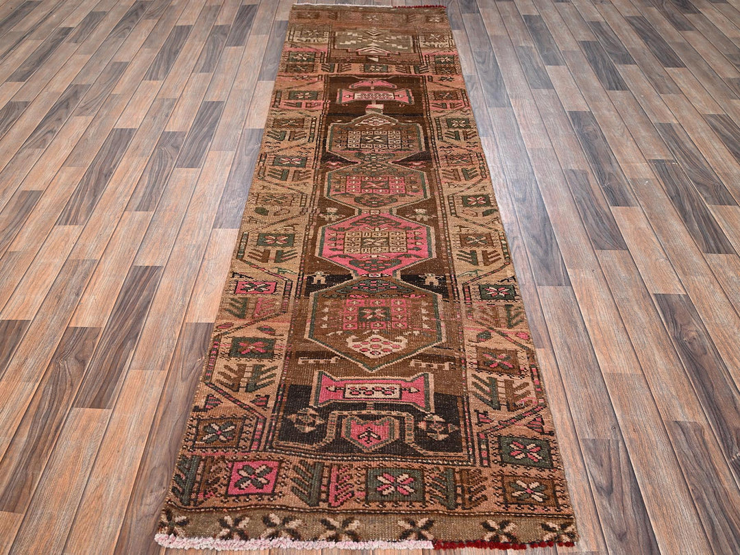 2'7" x 8'9" Vintage Hand Knotted Brown Wool Runner Oriental Rug - MOA1021553