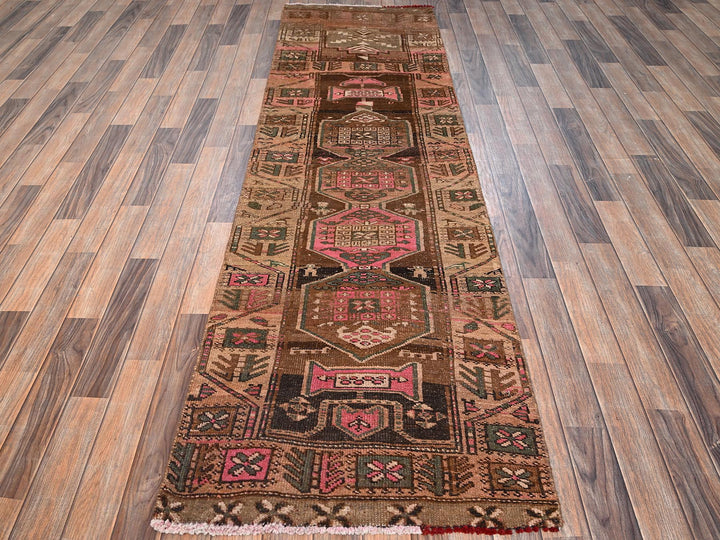 2'7" x 8'9" Vintage Hand Knotted Brown Wool Runner Oriental Rug - MOA1021553