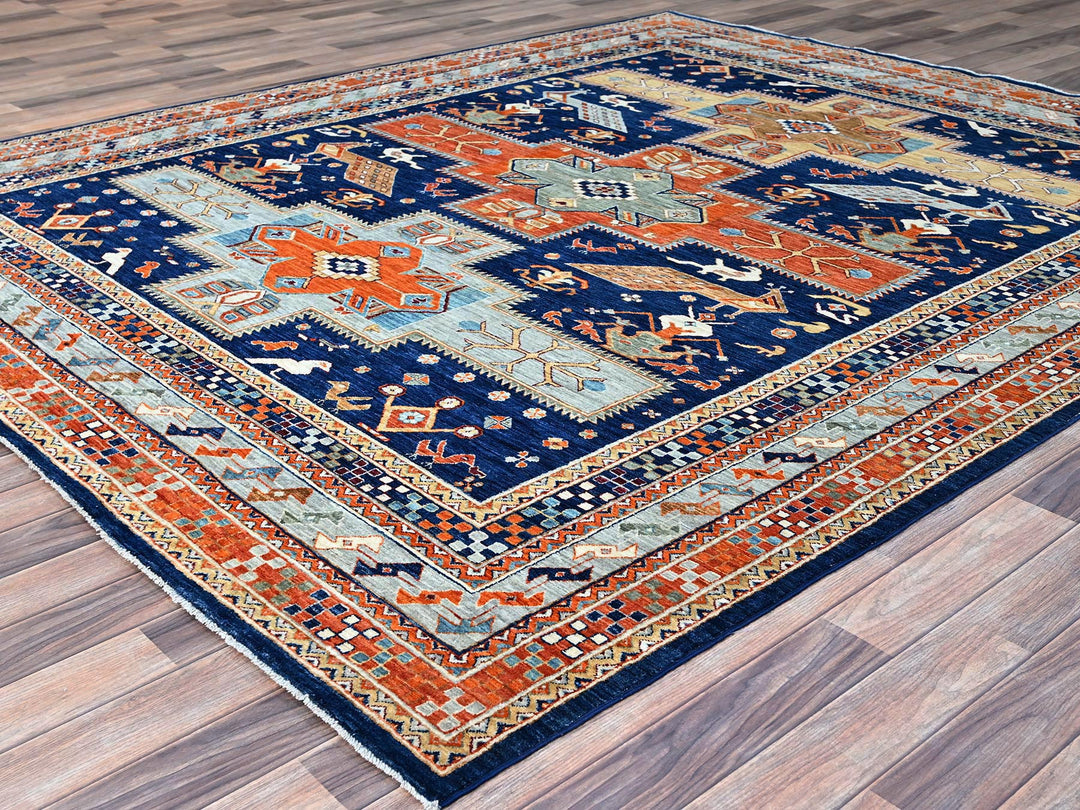 7'10" x 9'4" New Hand Knotted Blue Wool Rectangle Oriental Rug - MOA102156