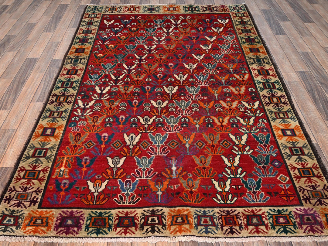 4'11" x 7'5" Vintage Hand Knotted Red Wool Rectangle Oriental Rug - MOA1021570