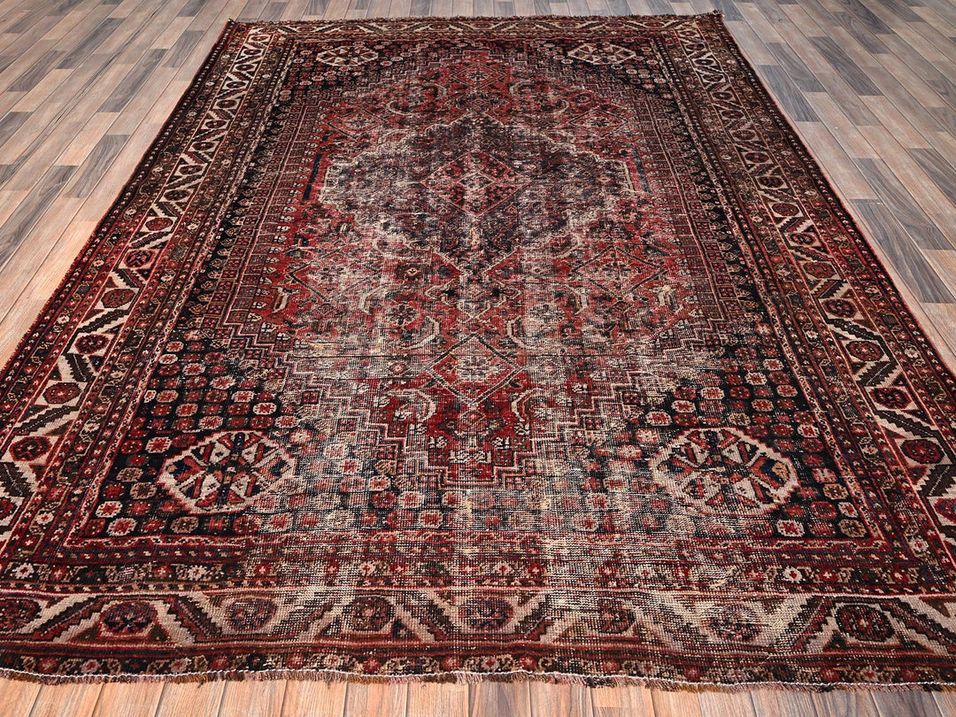 7'2" x 9'8" Vintage Hand Knotted Red Wool Rectangle Oriental Rug - MOA1021580