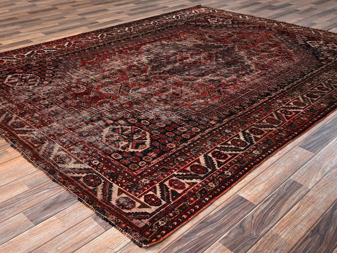 7'2" x 9'8" Vintage Hand Knotted Red Wool Rectangle Oriental Rug - MOA1021580
