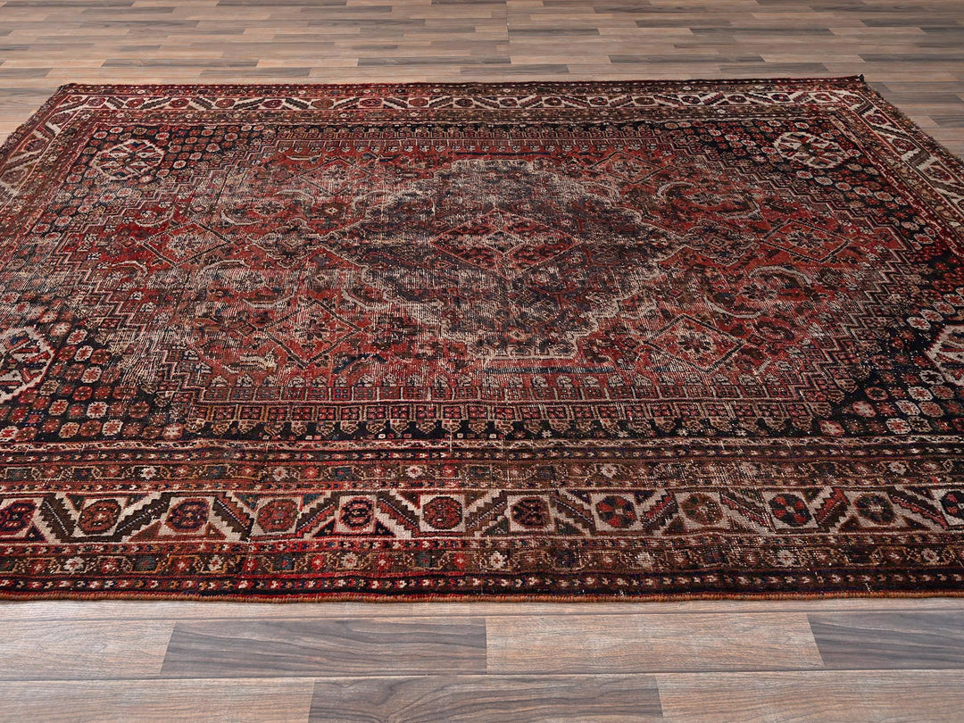 7'2" x 9'8" Vintage Hand Knotted Red Wool Rectangle Oriental Rug - MOA1021580