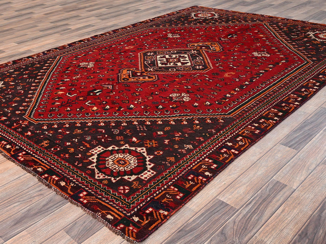 6'4" x 9'9" Vintage Hand Knotted Red Wool Rectangle Oriental Rug - MOA1021581