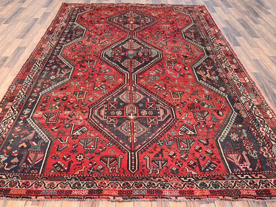 7'1" x 9'11" Vintage Hand Knotted Red Wool Rectangle Oriental Rug - MOA1021582