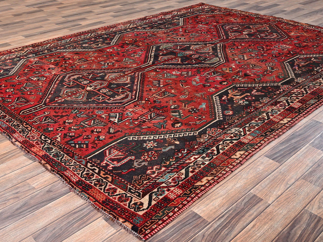 7'1" x 9'11" Vintage Hand Knotted Red Wool Rectangle Oriental Rug - MOA1021582