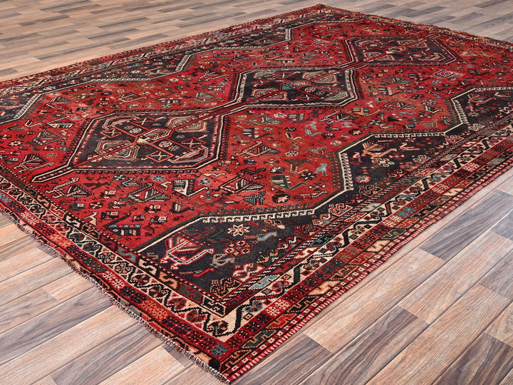7'1" x 9'11" Vintage Hand Knotted Red Wool Rectangle Oriental Rug - MOA1021582
