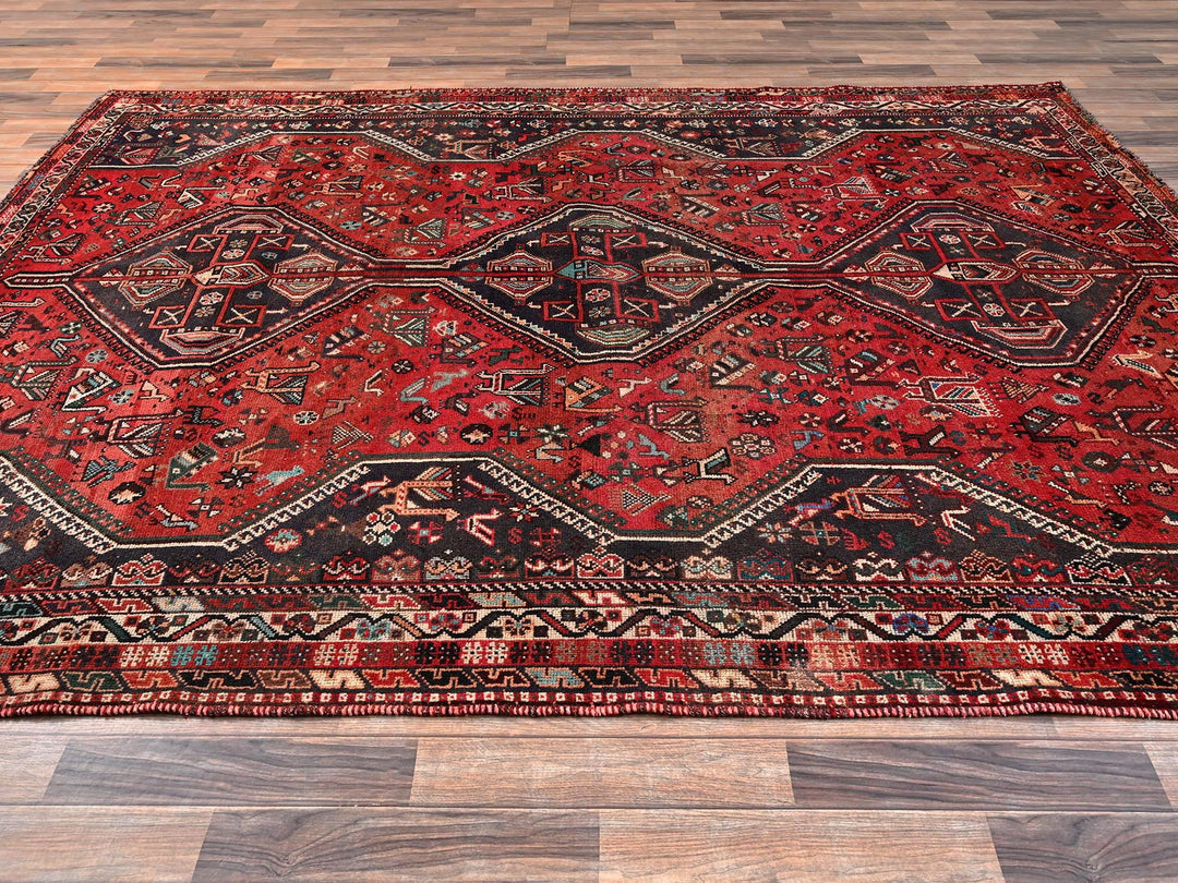 7'1" x 9'11" Vintage Hand Knotted Red Wool Rectangle Oriental Rug - MOA1021582