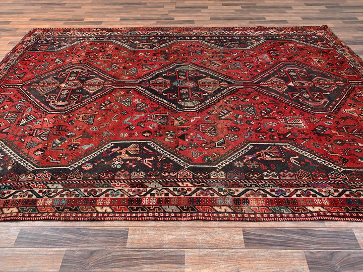 7'1" x 9'11" Vintage Hand Knotted Red Wool Rectangle Oriental Rug - MOA1021582