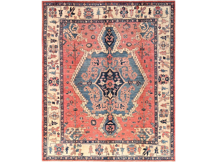 8'2" x 9'5" New Hand Knotted Red Wool Rectangle Oriental Rug - MOA1021598