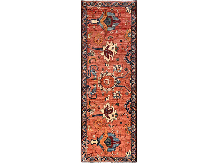 3'3" x 9'9" New Hand Knotted Orange Wool Runner Oriental Rug - MOA1021627