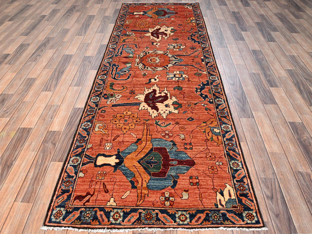 3'3" x 9'9" New Hand Knotted Orange Wool Runner Oriental Rug - MOA1021627