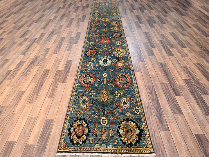 2'7" x 14'7" New Hand Knotted Blue Wool Runner Oriental Rug - MOA1021628