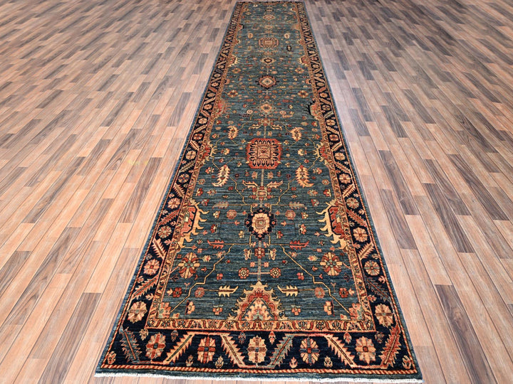 4'3" x 19'0" New Hand Knotted Blue Wool Runner Oriental Rug - MOA1021632