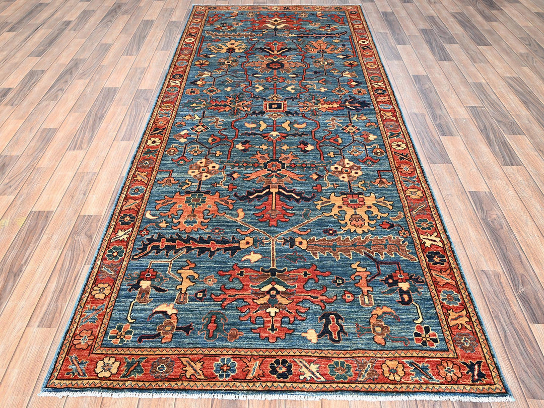 4'2" x 9'7" New Hand Knotted Blue Wool Runner Oriental Rug - MOA1021635