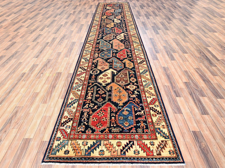 4'2" x 17'9" New Hand Knotted Blue Wool Runner Oriental Rug - MOA1021636