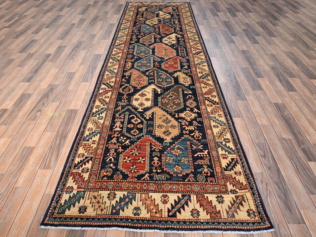 3'10" x 13'2" New Hand Knotted Blue Wool Runner Oriental Rug - MOA1021641