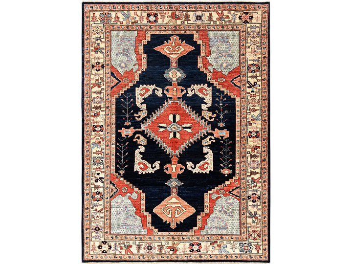 6'1" x 8'9" New Hand Knotted Blue Wool Rectangle Oriental Rug - MOA1021648