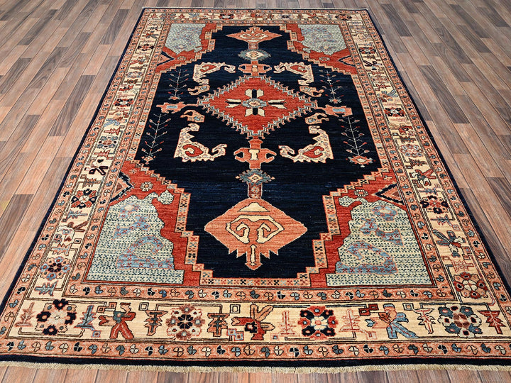 6'1" x 8'9" New Hand Knotted Blue Wool Rectangle Oriental Rug - MOA1021648