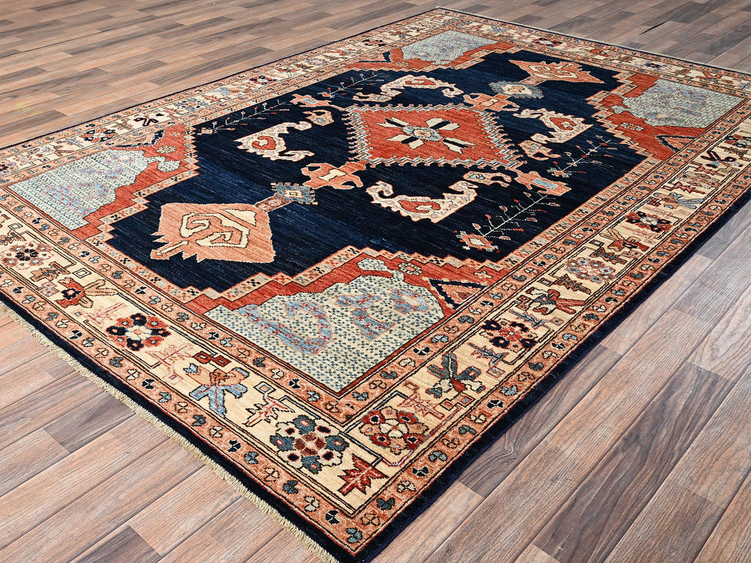 6'1" x 8'9" New Hand Knotted Blue Wool Rectangle Oriental Rug - MOA1021648