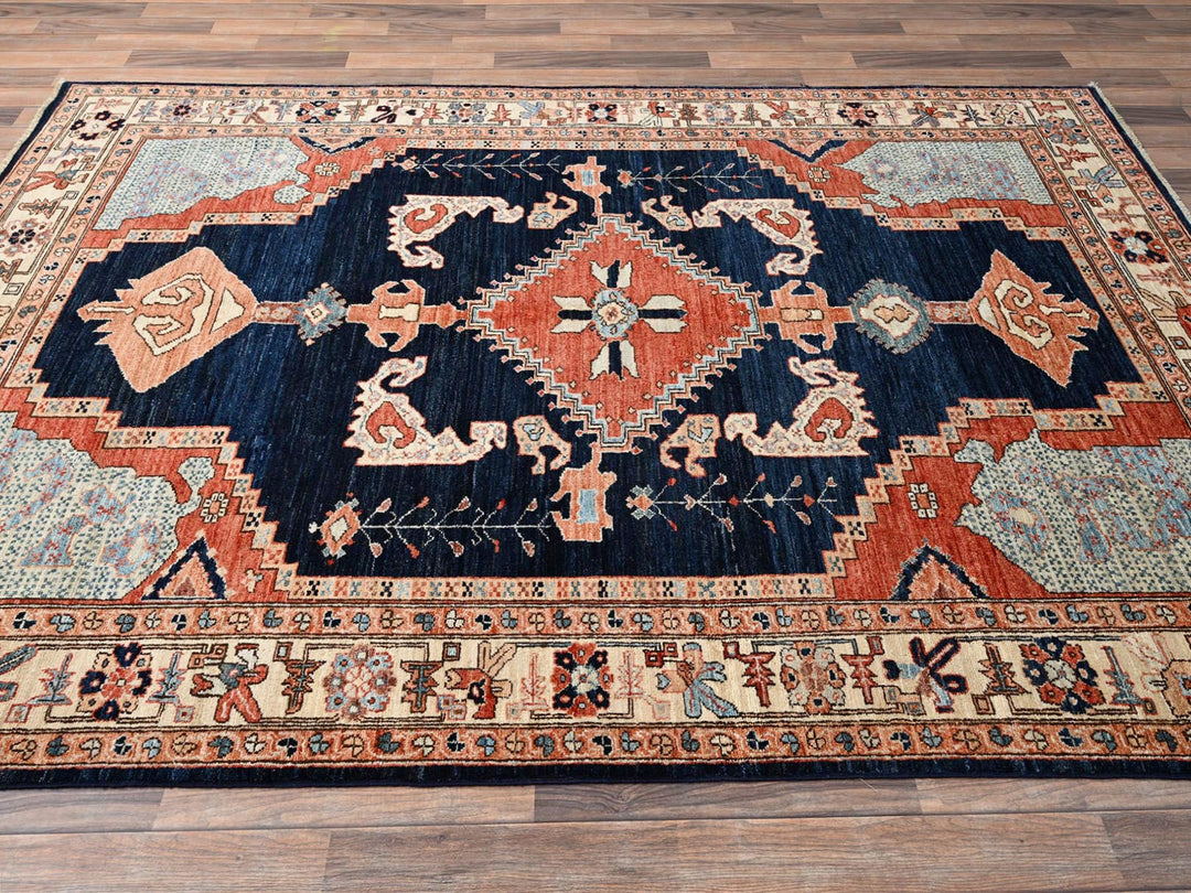 6'1" x 8'9" New Hand Knotted Blue Wool Rectangle Oriental Rug - MOA1021648