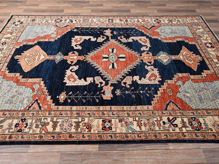 6'1" x 8'9" New Hand Knotted Blue Wool Rectangle Oriental Rug - MOA1021648