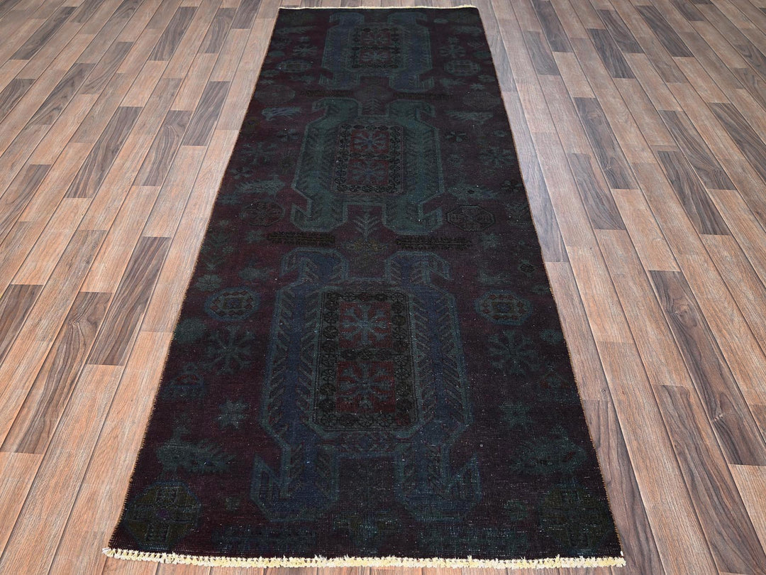 3'2" x 8'6" Vintage Hand Knotted Overdyed Wool Runner Oriental Rug - MOA1021668