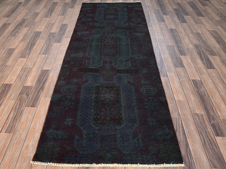3'2" x 8'6" Vintage Hand Knotted Overdyed Wool Runner Oriental Rug - MOA1021668