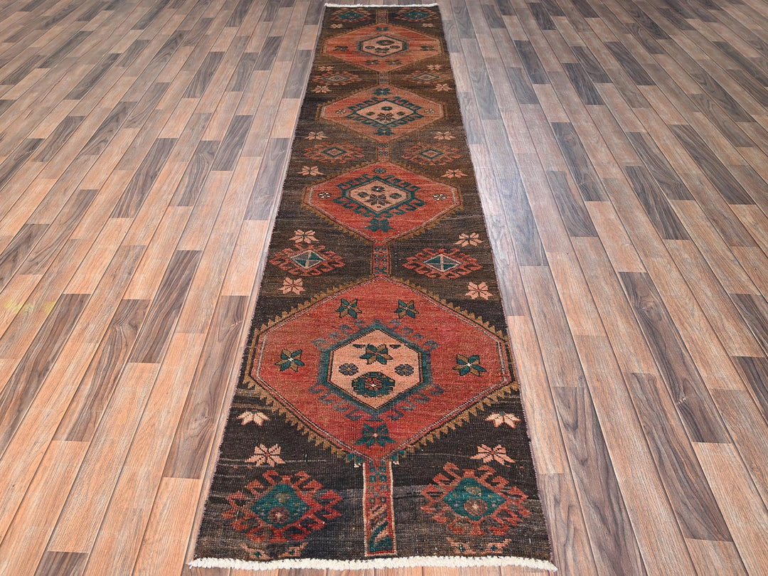 2'5" x 11'1" Vintage Hand Knotted Brown Wool Runner Oriental Rug - MOA1021683