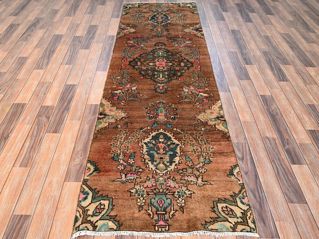 2'9" x 8'6" Vintage Hand Knotted Brown Wool Runner Oriental Rug - MOA1021701