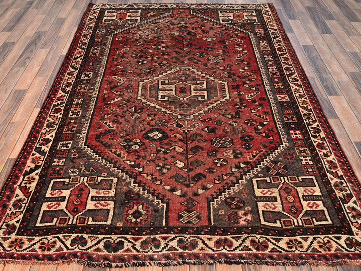5'3" x 7'7" Vintage Hand Knotted Red Wool Rectangle Oriental Rug - MOA1021703