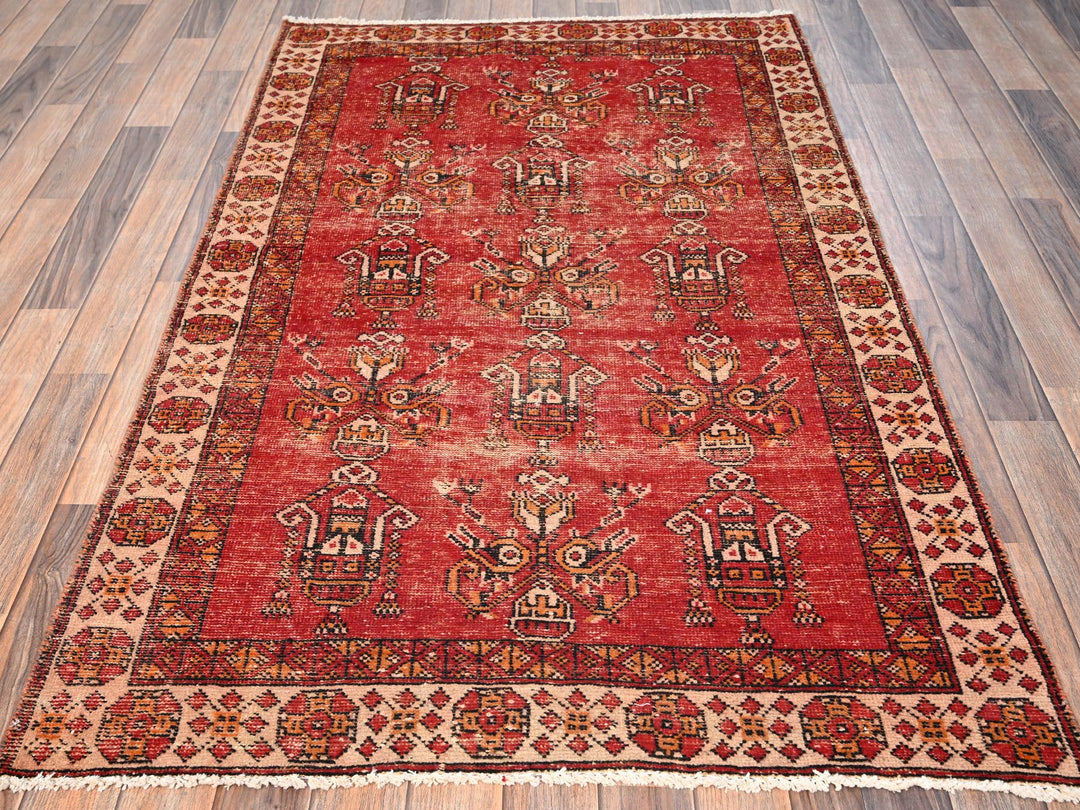 3'8" x 6'0" Vintage Hand Knotted Red Wool Rectangle Oriental Rug - MOA1021705