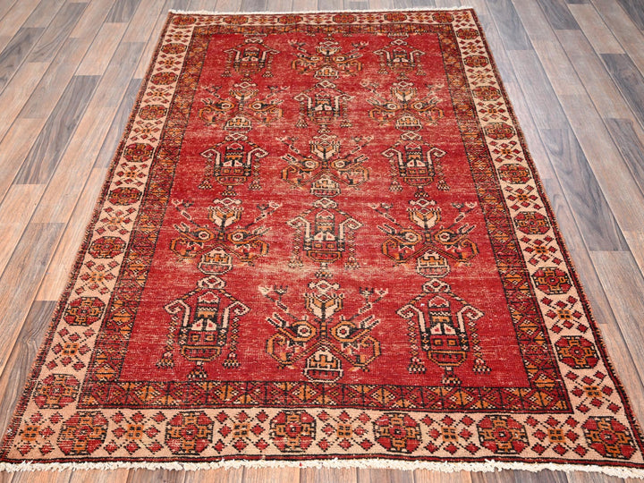 3'8" x 6'0" Vintage Hand Knotted Red Wool Rectangle Oriental Rug - MOA1021705