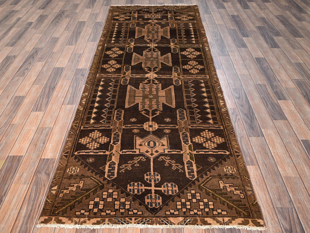 3'5" x 9'3" Vintage Hand Knotted Brown Wool Runner Oriental Rug - MOA1021724