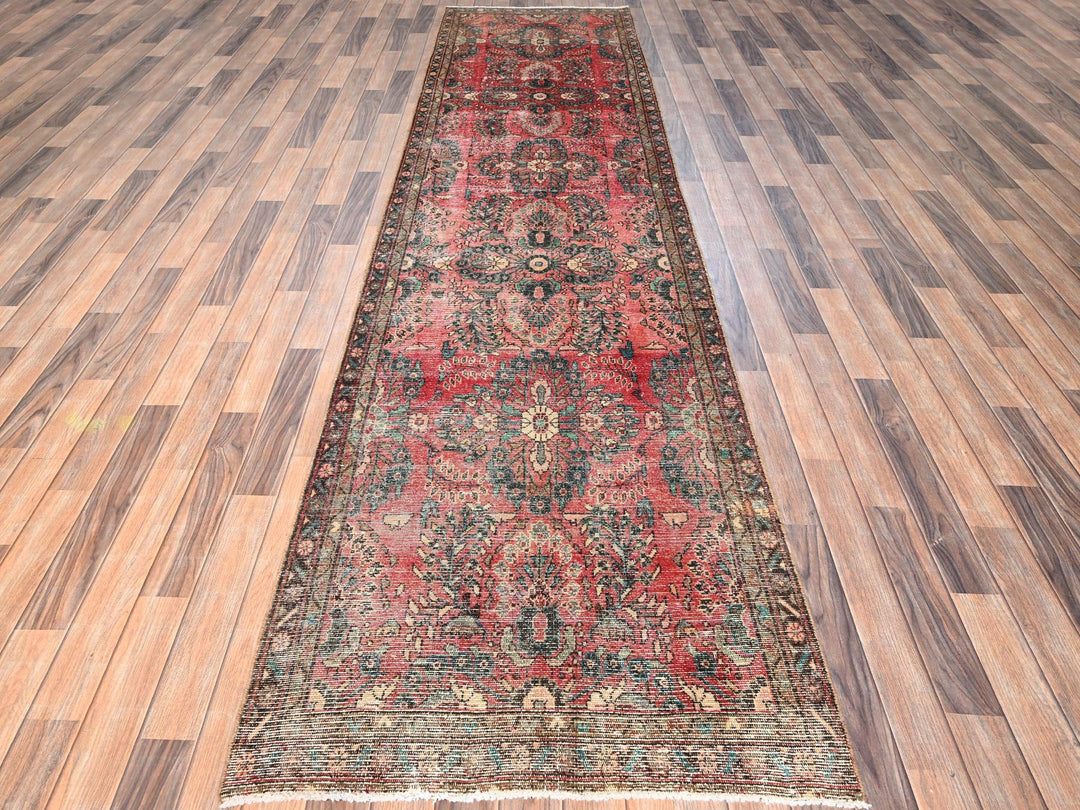 3'3" x 13'0" Vintage Hand Knotted Red Wool Runner Oriental Rug - MOA1021725