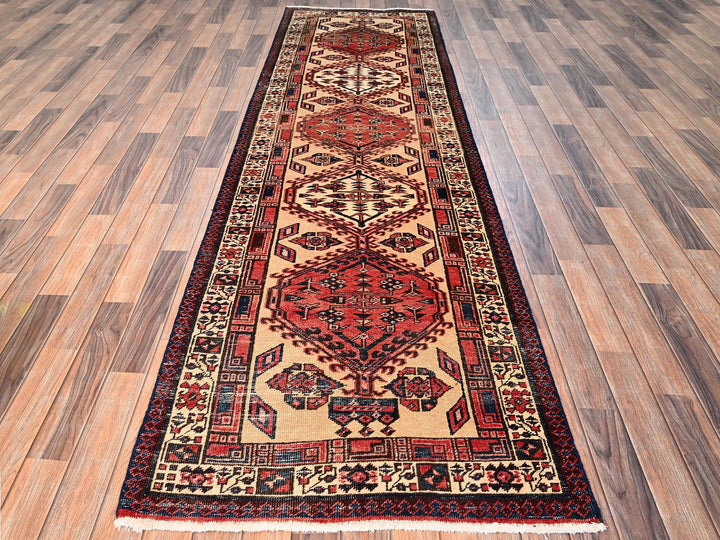 3'1" x 10'7" Vintage Hand Knotted Ivory Wool Runner Oriental Rug - MOA1021742