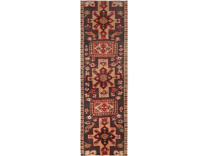 2'8" x 9'3" Vintage Hand Knotted Brown Wool Runner Oriental Rug - MOA1021743
