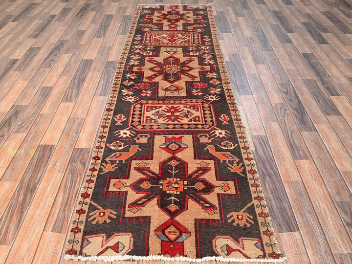 2'8" x 9'3" Vintage Hand Knotted Brown Wool Runner Oriental Rug - MOA1021743