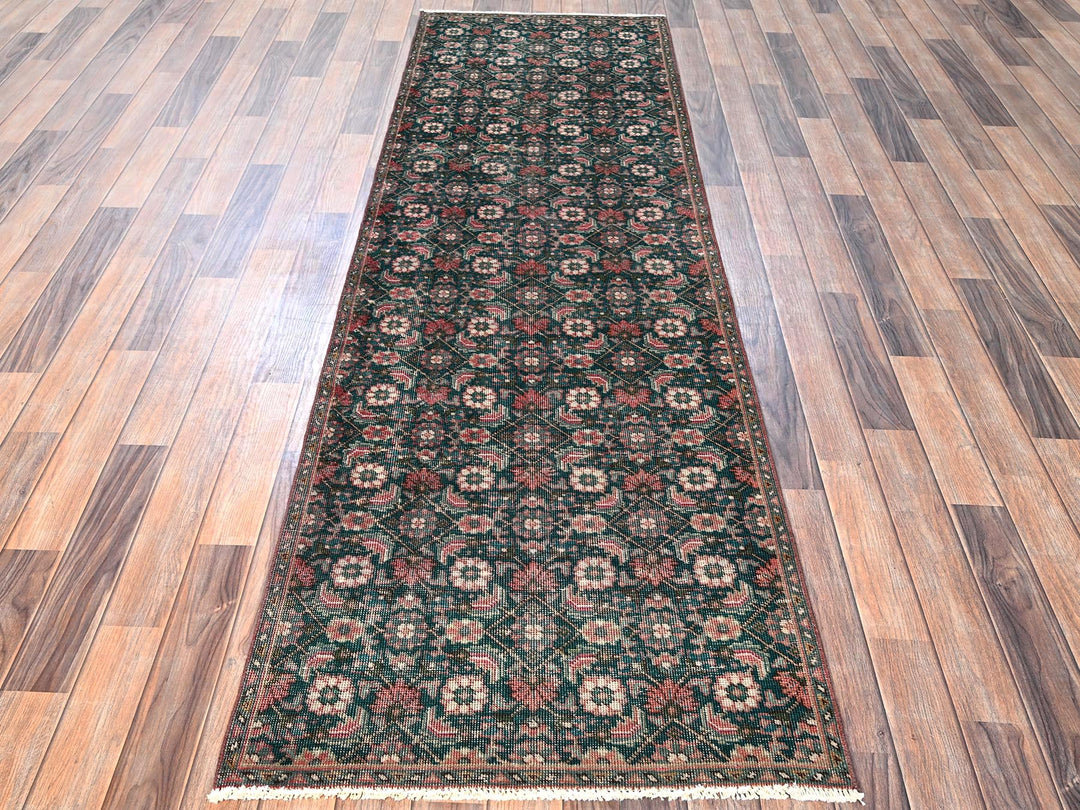 2'8" x 8'5" Vintage Hand Knotted Green Wool Runner Oriental Rug - MOA1021784