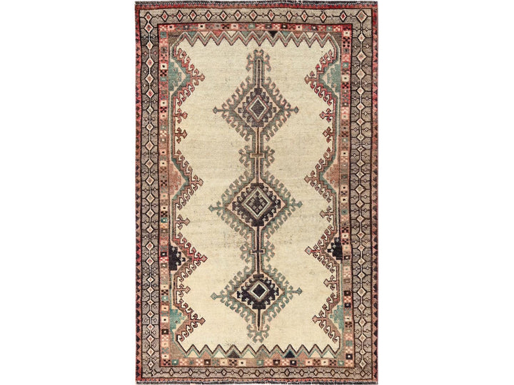 4'0" x 6'4" Vintage Hand Knotted Ivory Wool Rectangle Oriental Rug - MOA1021809