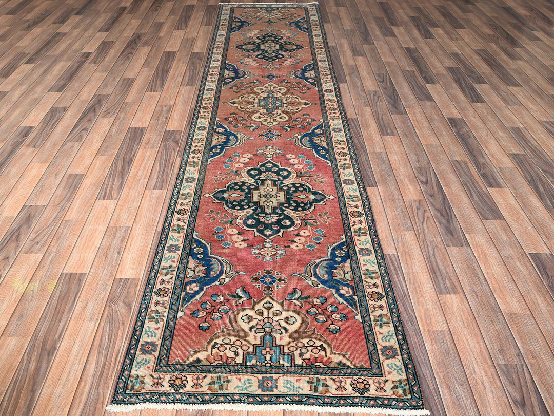 2'9" x 11'1" Vintage Hand Knotted Pink Wool Runner Oriental Rug - MOA1021859