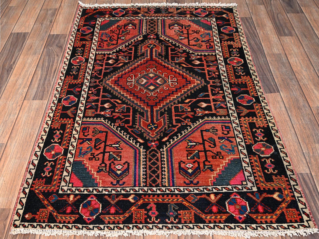 2'9" x 4'4" Vintage Hand Knotted Black Wool Rectangle Oriental Rug - MOA1021864