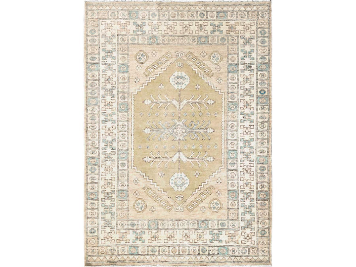 4'10" x 6'10" New Hand Knotted Beige Wool Rectangle Oriental Rug - MOA1021978