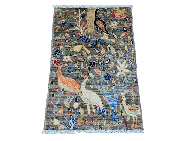 1'11" x 2'11" New Hand Knotted Grey Wool Rectangle Oriental Rug - MOA10220054