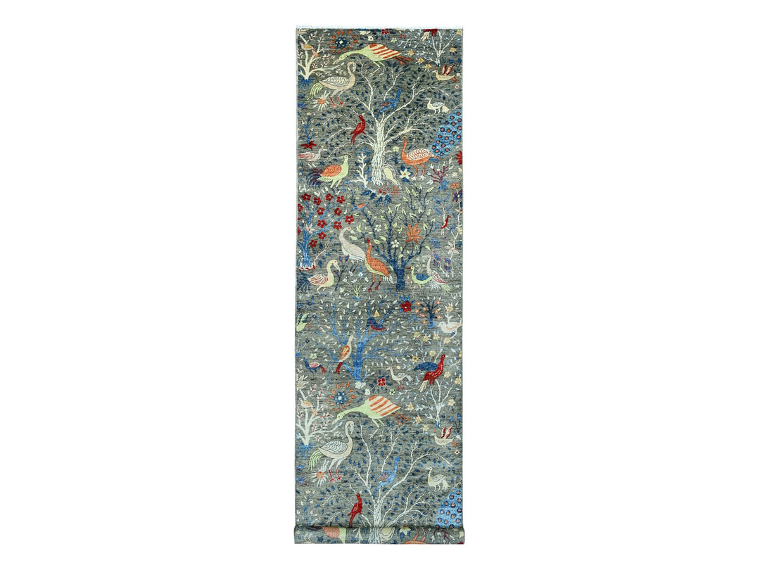 3'11" x 16'4" New Hand Knotted Grey Wool Runner Oriental Rug - MOA10220261